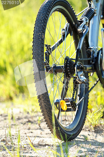 Image of detail of bike parked in a meadow