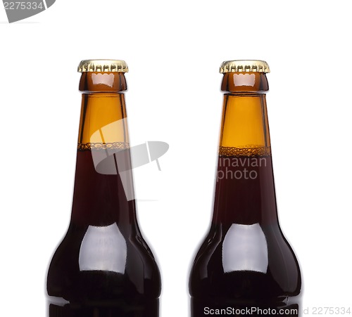 Image of Two bottles of beer on white background.