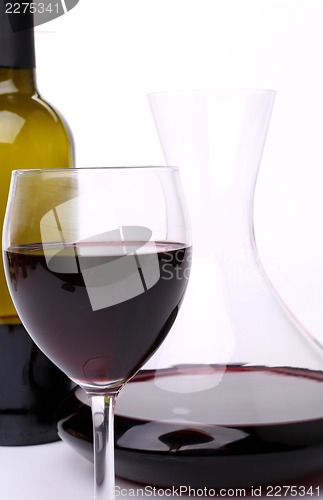 Image of Decanter, bottle and glass of wine close-up