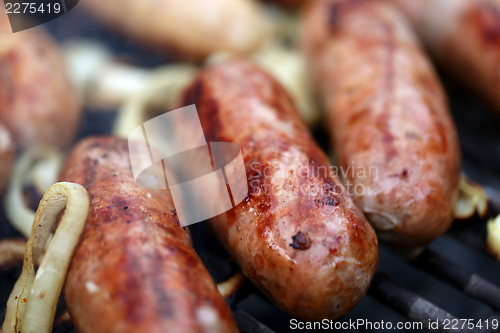 Image of grilled sausages close up, barbecue