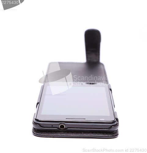 Image of Mobile phone in its case over white background