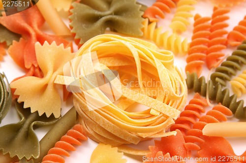 Image of Yellow tagliatelle paglia e fieno on the backgroun of different pastas.
