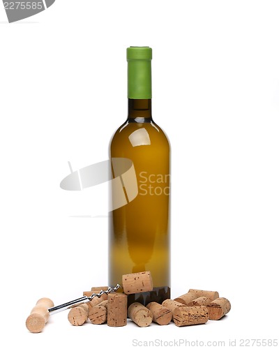 Image of A bottle of wine, corks and corkscrew.