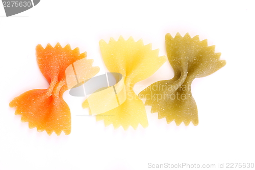Image of Farfalle pasta, isolated, three colors.