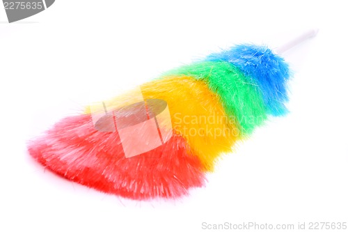 Image of Soft colorful duster with plastic handle close-up