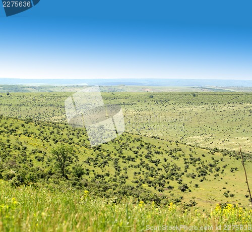 Image of An abandoned field, hills and a blue sky.