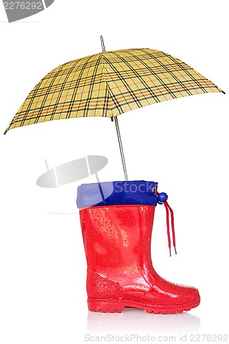 Image of Rain boot and a yellow umbrella