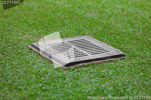 Image of Sewer grate on the lawn - drainage for heavy rain