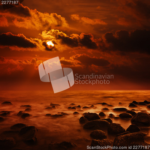 Image of Fantastic bright orange sunset on tropical ocean - square landsc