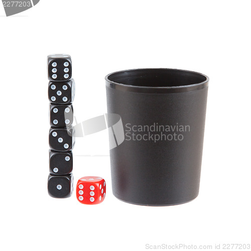 Image of Gambling background with dice and dice cup