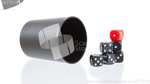 Image of Gambling background with dice and dice cup