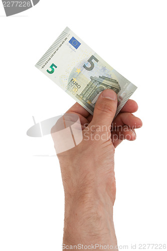 Image of Male hand holding a new 5 Euro bills