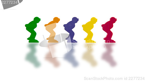 Image of Five colored pawns isolated on a white background