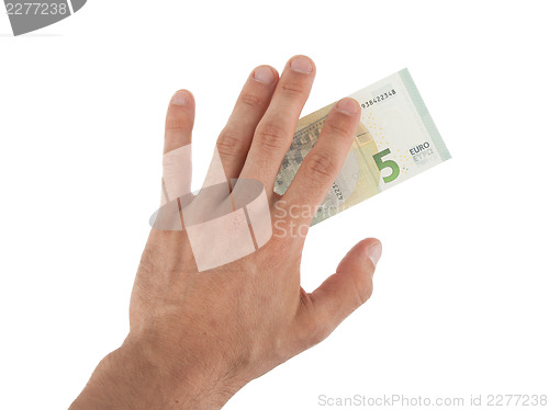 Image of Male hand holding a new 5 Euro bills