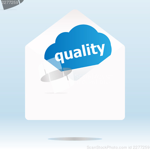 Image of quality word on blue cloud, paper mail envelope