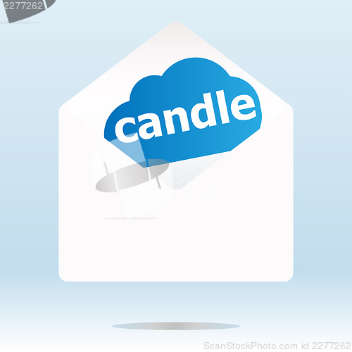 Image of candle word on blue cloud, paper mail envelope