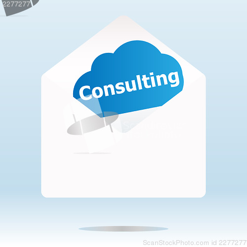 Image of consulting word on blue cloud, paper mail envelope, business