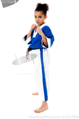 Image of Serious karate girl with her fist in foreground