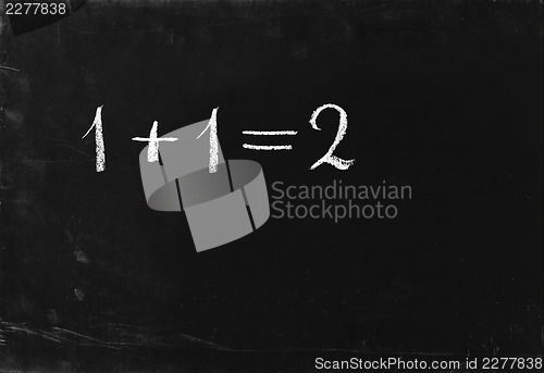 Image of Ooops. Simple math operation 2+2= writing chalk on blackboard.