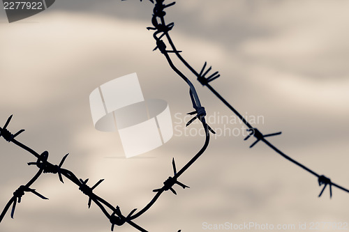 Image of Barbed wire against moody sky. Toned shot, closeup.