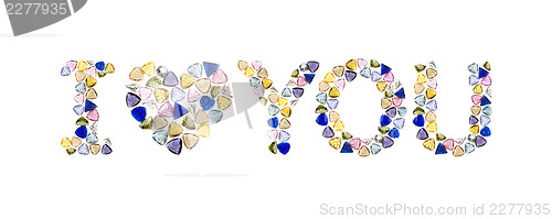 Image of Gemstones words, "I LOVE YOU". Isolated on white background.