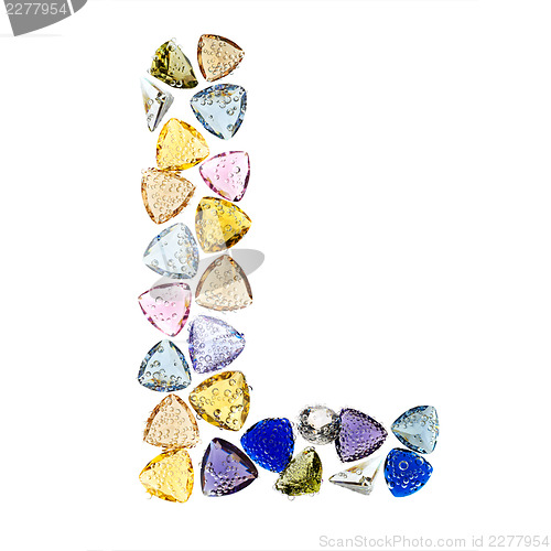 Image of Gemstones alphabet, letter L. Isolated on white background.