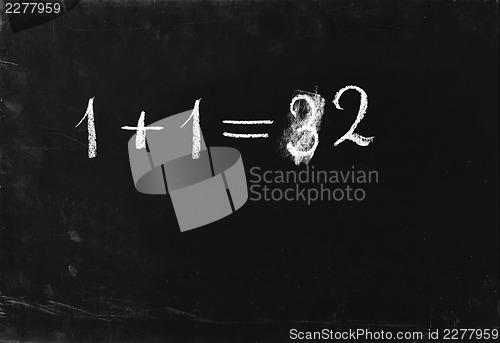 Image of Ooops. Simple math operation 2+2= writing chalk on blackboard.