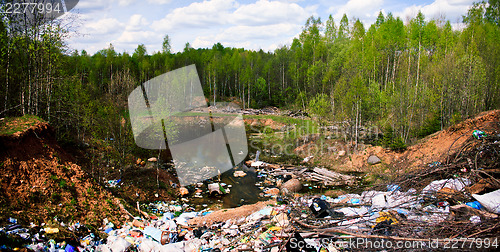 Image of Garbage dump in green forest. Wide shot.