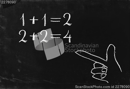 Image of Simple math operation writing chalk on blackboard.