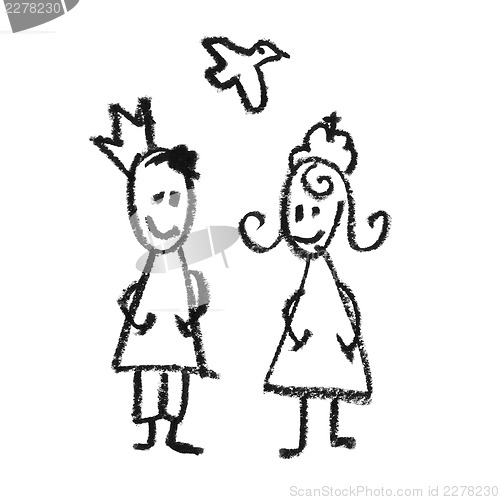 Image of King and queen with flying dove doodles drawing. 