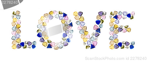 Image of Gemstones words, "LOVE". Isolated on white background.