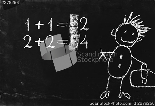 Image of Simple math operation writing chalk on blackboard.