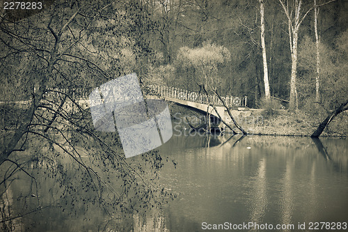 Image of Old bridge in park, vintage toned.