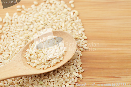Image of Uncooked rice on spoon over table