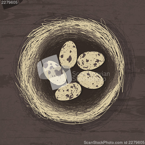 Image of Eggs in nest on wooden texture. Vector illustration, EPS 10