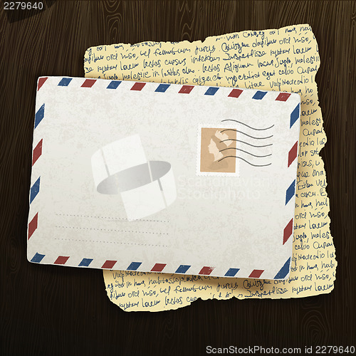 Image of Vintage envelope and letter on wooden background. Vector illustr