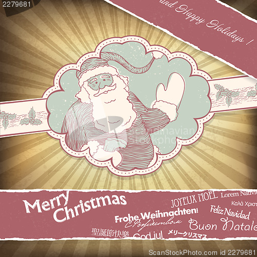Image of Retro Santa Claus greetings in different languages. Christmas ba