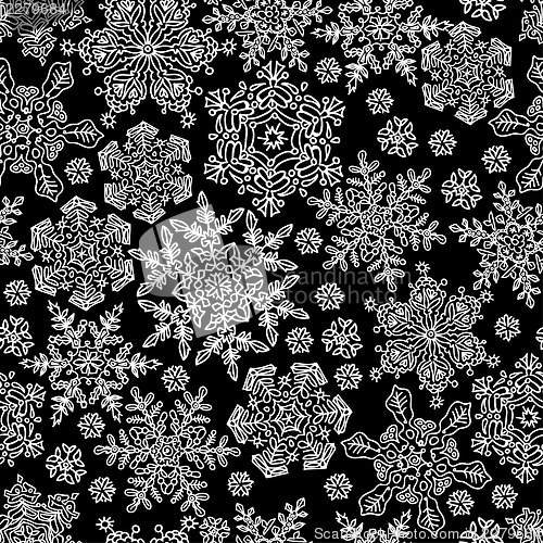 Image of Seamless snowflakes pattern. White on black, vector, EPS8