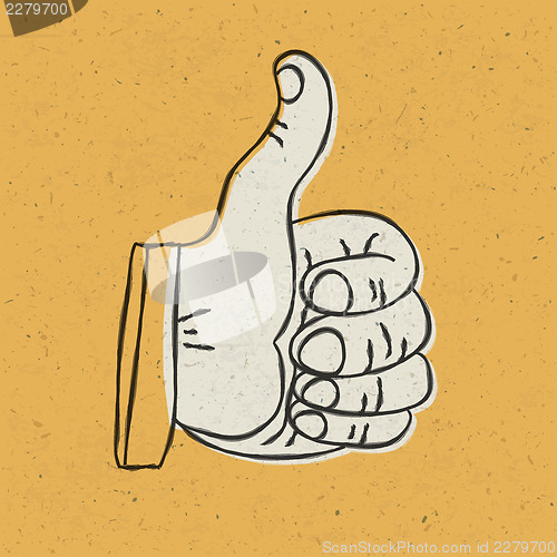 Image of Retro styled thumb up symbol on yellow textured background. Vect
