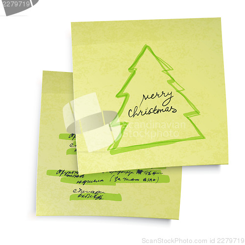 Image of Business yellow sticky notes with Merry Christmas tree. Vector i
