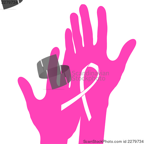Image of Hands holding breast cancer ribbon, vector illustration.