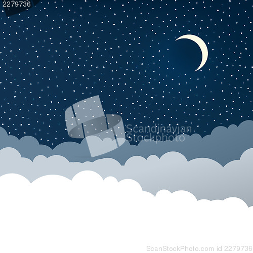 Image of Night sky with clouds (isolated copyspace), stars and crescent m