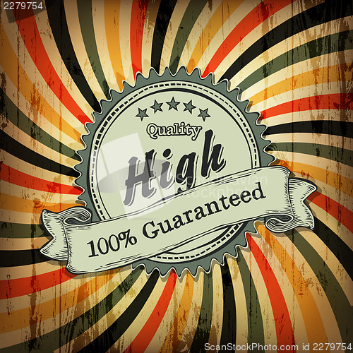 Image of Vintage label with sample text on colorful rays aged background.