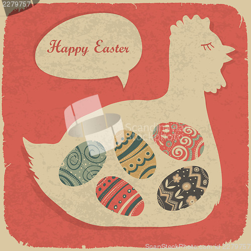 Image of Easter eggs and chiken. Retro styled illustration.
