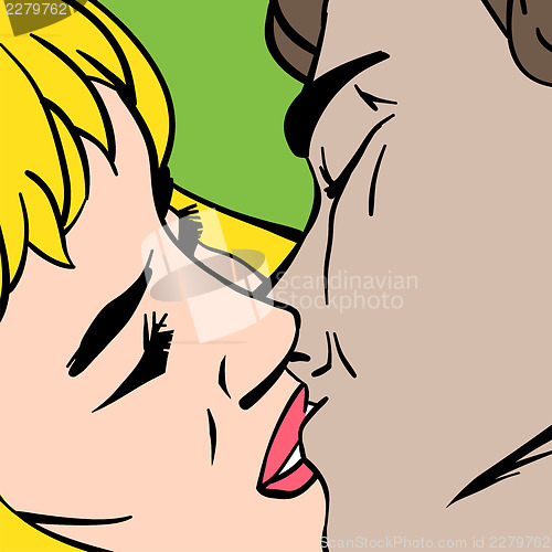 Image of Kiss. Closeup. Illustration in pop-art style, vector.
