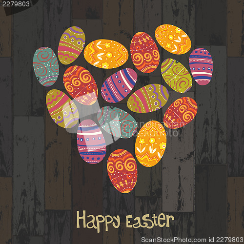 Image of Easter eggs. Heart shaped on wooden planks background. Vector, E
