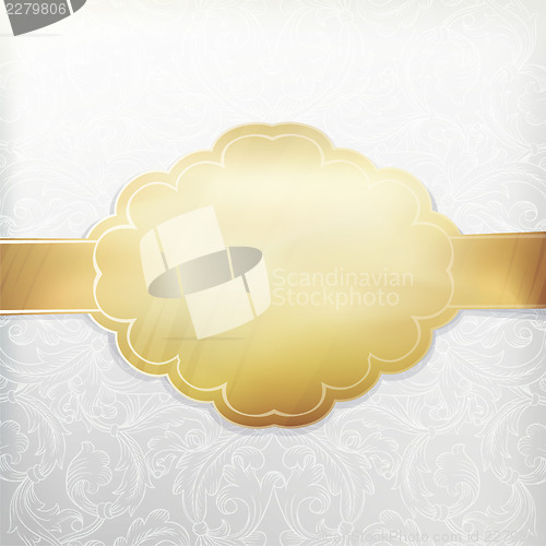 Image of Vintage white invitation with golden label. Vector, EPS 10