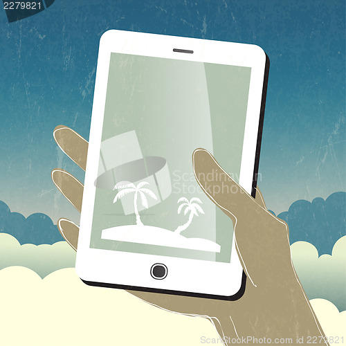 Image of Summer travel conceptual illustration. Smart phone in hand. Vect