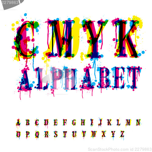 Image of CMYk alphabet. Composition from unrecognized different letters a