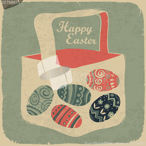 Image of Easter basket with eggs. Retro style easter background.